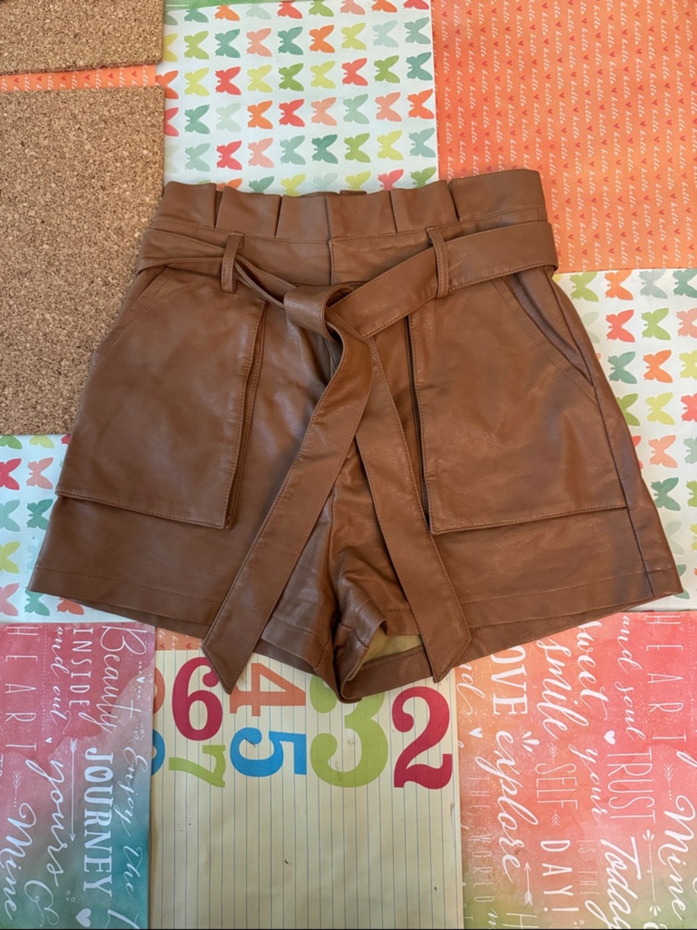 Le Lis Brown High-Waist Faux Leather Belted Shorts